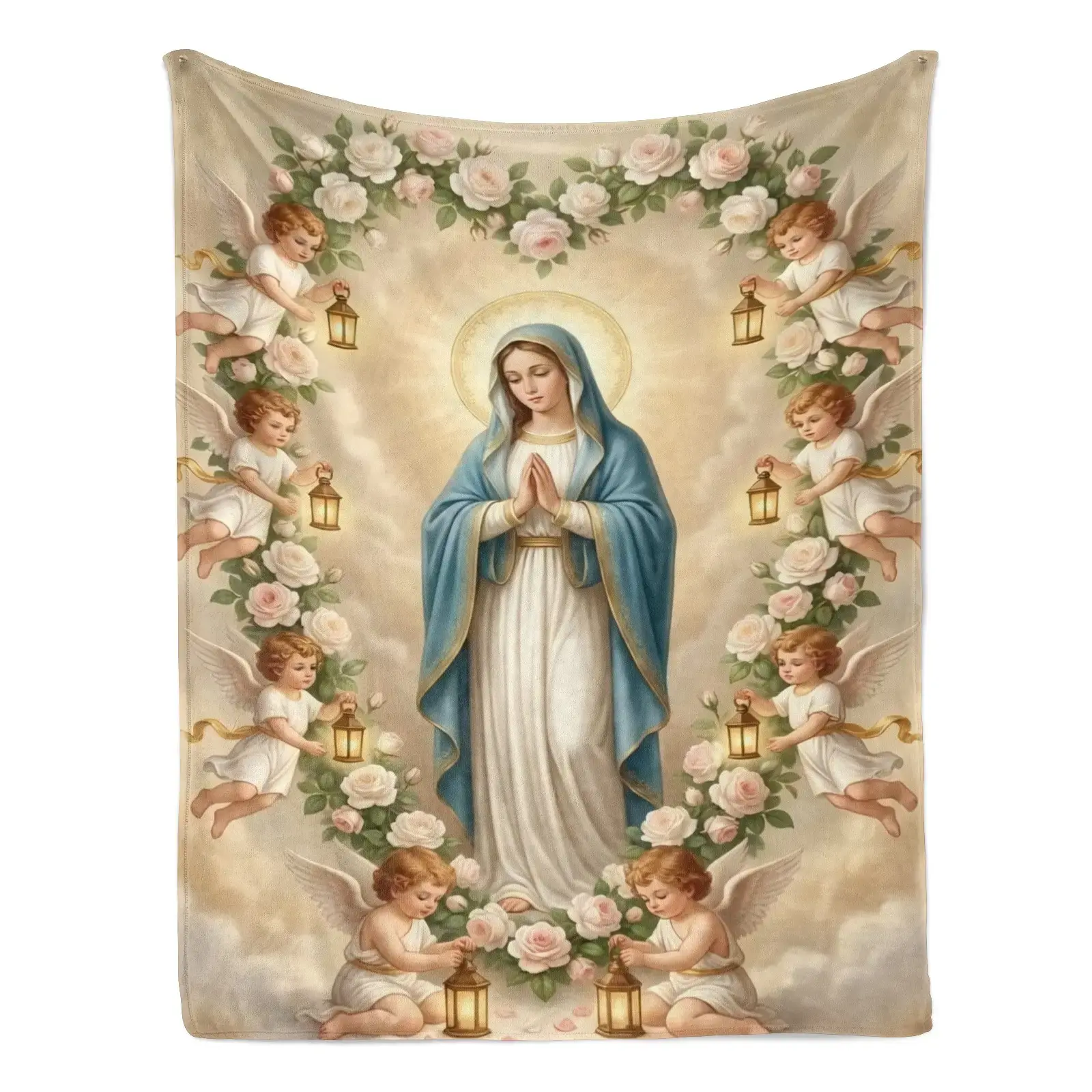 Catholic Sacred Virgin Mary & Little Angels Rose Wreath Plush Throw Blanket - Soft Touch, Fluffy Surface, Polyester Fiber, Multi-Purpose, Elegant Sacred Image Decor for Catholic Use, Comfortable Gift Shawl
