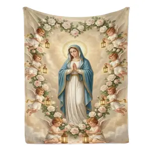 Catholic Sacred Virgin Mary & Little Angels Rose Wreath Plush Throw Blanket - Soft Comfortable Decorative Gift Shawl with Elegant Artistic Design for Catholic Use, Throw Blankets