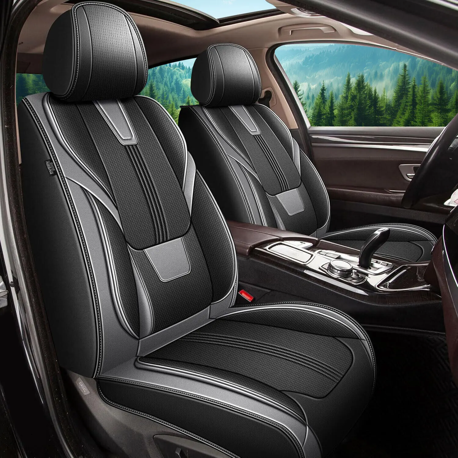 True Leather Finish Black Car Seat Covers Full Set - 2/5 Seats for Nissan Rogue 2010-2025, Airbag-Compatible Waterproof Vehicle Cushion Protectors, Custom Fit, Black Seat Covers, Vehicle Cushion Protector