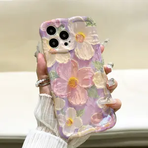 Floral Retro Oil Painting Protective Silicon Casing for iPhone 11-17 Series, 12-16 Pro Max - Customized Colorful Design, Cute Curly Wave Frame, Diamond Accessories, Wireless Charging Compatible