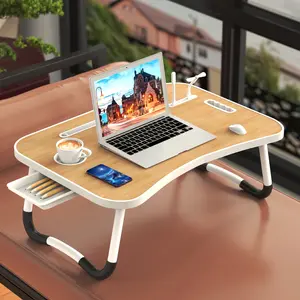Foldable Laptop Desk, Portable Laptop Desk with USB Light and Small Fan, Bed Desk with Cup Holder, Tablet Slot and Adjustable Handle, Desk Tray and Laptop Stand for Work, Writing, Drawing, and Dining