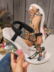 Ethnic Style Thick Sole Wedge Slip-On High Heeled Sandals, Summer Bohemian Rhinestone Beaded Vintage Large Size Women's Shoes