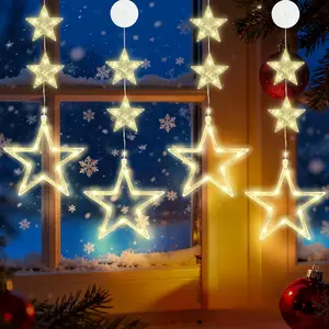 4Pcs Christmas Curtain Lights with Suction Cup, Battery Powered LED Christmas Window Lights, Star Hanging Fairy Lights Waterproof Curtain Light for Fireplace Bedroom Window Outdoor Decor, Warm White