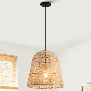18 Inch Tobias Bohemian Handwoven Rattan Island Pendant Light, Natural Wicker Boho Farmhouse Hanging Ceiling Lamp for Kitchen Island Dining Room Foyer