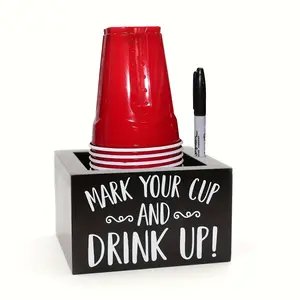 Vintage Wooden Party Cup Holder - Cup Caddy with Marker Storage, Chalkboard Sign, Solo Cup Dispenser for Home, Wedding, Hostess Gift