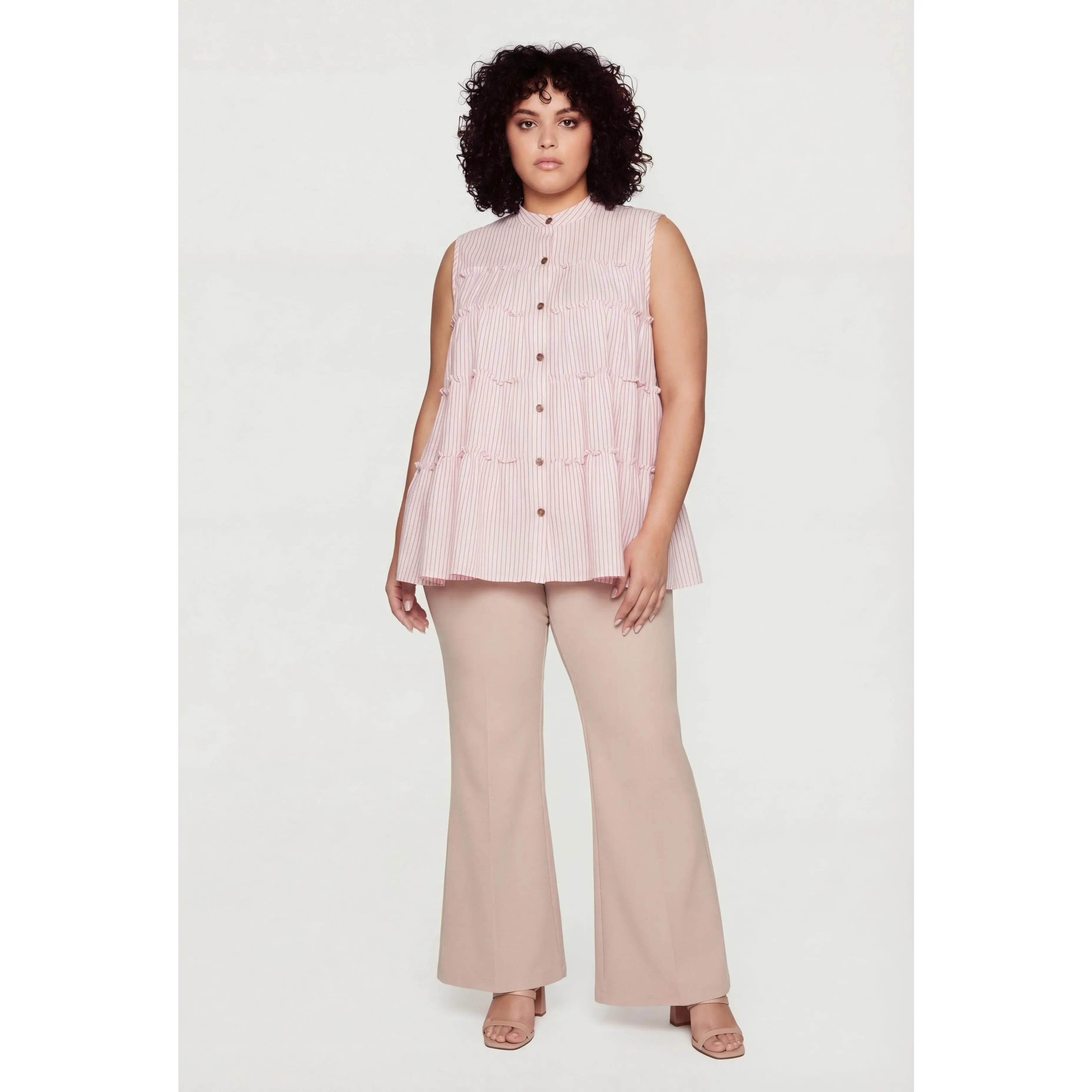 Plus Size Pinstripe Button Front Tiered Peplum Top