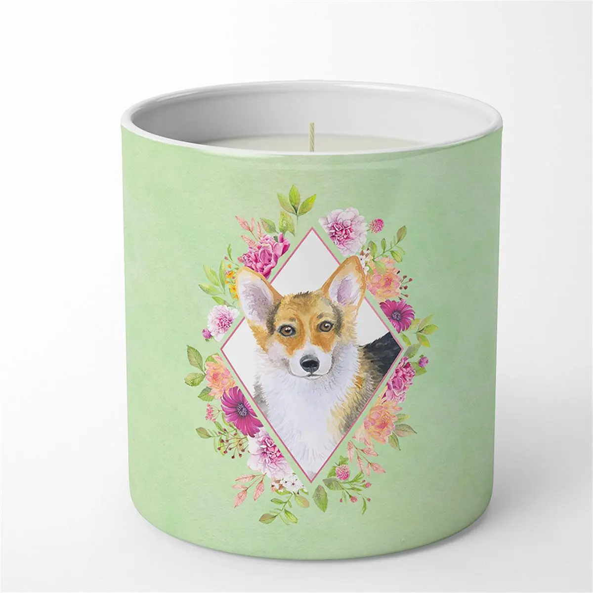212 MAIN Decorative Corgi & Green Flowers Soy Candle Lantern with Wick, 10 oz Hand-Poured Jar with Strong Scent for Camping & Hiking
