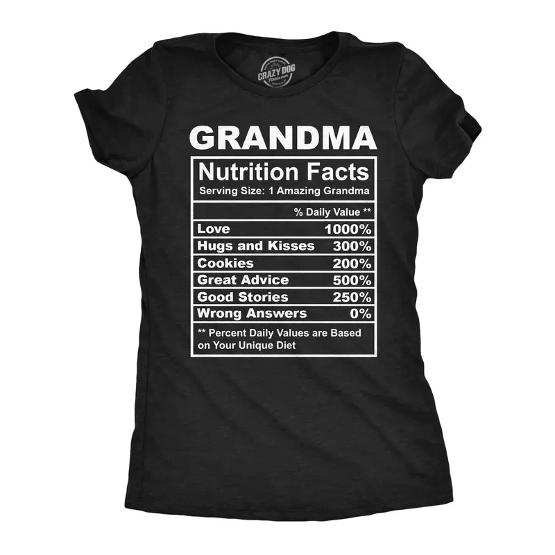 Womens Funny T Shirts Grandma Nutrition Facts Sarcastic Granny Graphic Novelty Tee For Ladies Funny Womens T Shirts Cute Vintage Fashion Casual Ladies T-Shirt Gift Food Tops for Women Funny Grandma Top Women's Black -