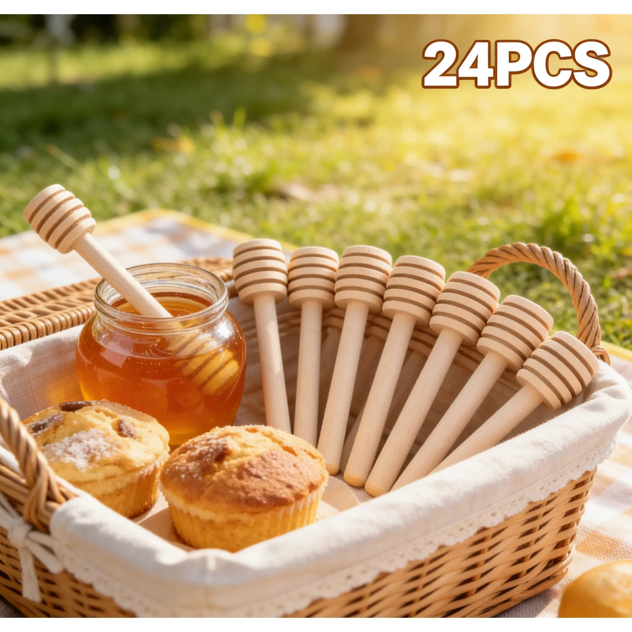SICANDAENHK 24Pcs 4-in Natural Wooden Honeycomb Smooth Groove Honey Dipper Sticks, Eco-Friendly Lightweight Heat Resistant Kitchen Accessory for Pancakes, Tea, Honey Jars