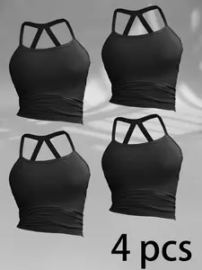 4-Pack Women's Cross-Back Sports Bra with Built In Non-Removable Padded Cups for Fitness Strappy Sports Bras