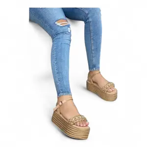 YRMODA Women's Handmade Jute Casual Sandals - Open Toe, Pearl Decor, Brown Bow, 5cm Heel Shoe