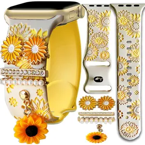 Sunflower Heart Pink Band With Charms Compatible Apple Watch Engraved Women 41mm 40mm 38mm 44mm 45mm 46mm 42mm 49mm,Valentine Floral Dressy Bling Silicone Strap for iphone Watch Series 11 10 9 8 7 6 5 4 Ultra SE 3 2 1