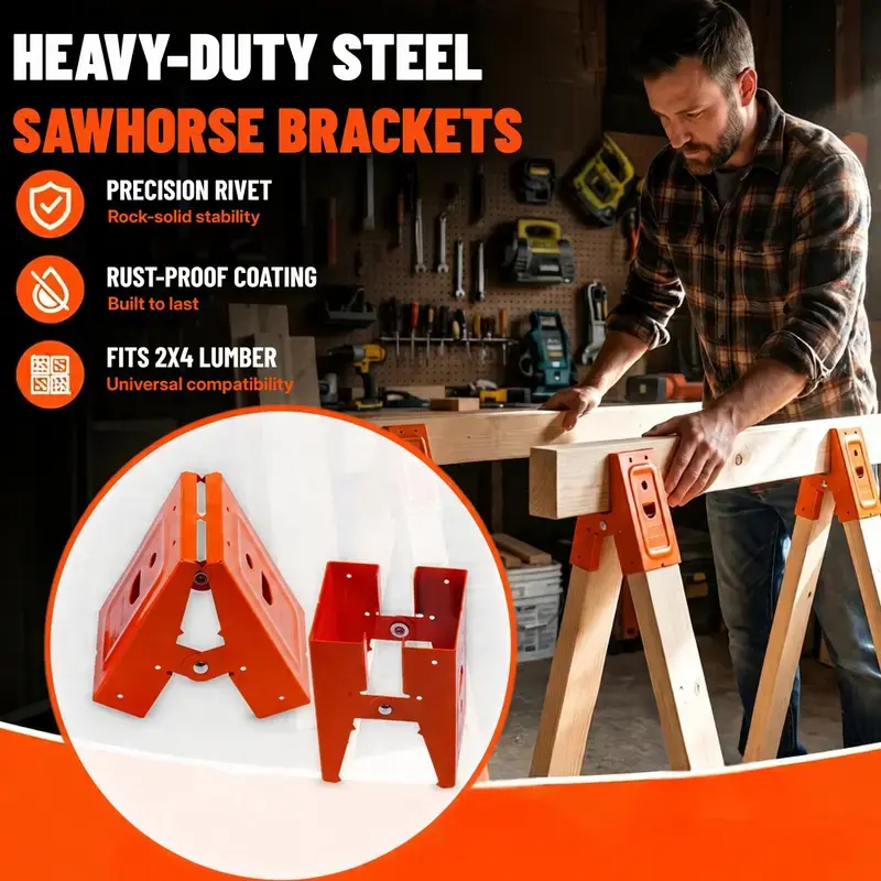 Set of 2 Heavy-Duty Saw Horse Mount Brackets Equipped with Hold-Down Clamps. Fast-adjust wood securing clips ideal for DIY woodworking and building cutting tasks. Solid fittings work with regular 2x4 lumber, comes with a dedicated clamp take-apart tooll