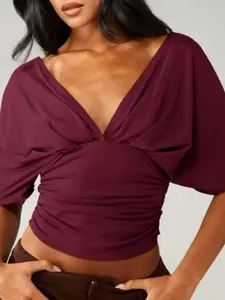 2026 Women's Fashion Sexy V-Neck Top, Batwing Sleeve Ruched Waist Short Sleeve, Solid Color, Stylish and Trendy Ladies' Clothing