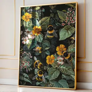 William Morris Inspired Bumble Bee Wall Art Print, Vintage Farmhouse Cottagecore Dark Academia Decor, Mid Century Botanical For Room Decor