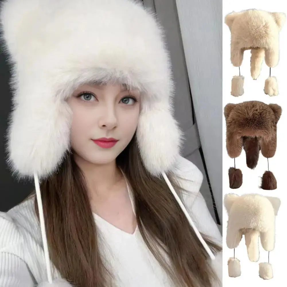 Beer Oor Pluizige Faux Bont Muts Voor Vrouwen Luxe Pluche Oorflappen Cap Winter Warme Mutsen Oorbescherming Met Harige Bal