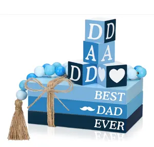 8 Pcs Father's Day Decorations Father's Day Wooden Tiered Tray Decor Blue Table Centerpiece Book Stack with 4 Dad Sign Wood Block Bead for Rustic Home Fireplace Mantel Shelf Office Birthday Gift