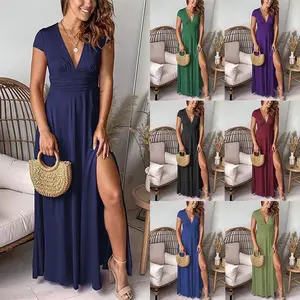 Women's deep V neck short sleeved dress, pleated high waisted slit party evening gown, solid color dress