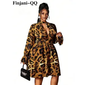 Plus Size Women's Short Dress, V Neck Leopard Print Design, Fashionable Casual Wear, Casual Boho Dress, All Seasons, Fitted StyleRAIMENTRY