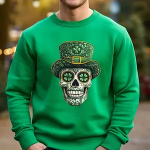 Sugar Skull St Patricks Day Shirt, Sugar Skull Leprechaun Sweatshirt, Lucky Shamrock Clover Hoodie, Unisex Sweater Pullover Tee