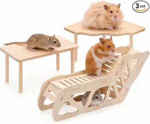 3-Piece Hamster Wood Platform Set with Tunnel Hideout, Natural Cage Accessories with Hides, Food & Water Stations, Climbing & Burrowing for Dwarf, Syrian Hamsters, Mice & Gerbils