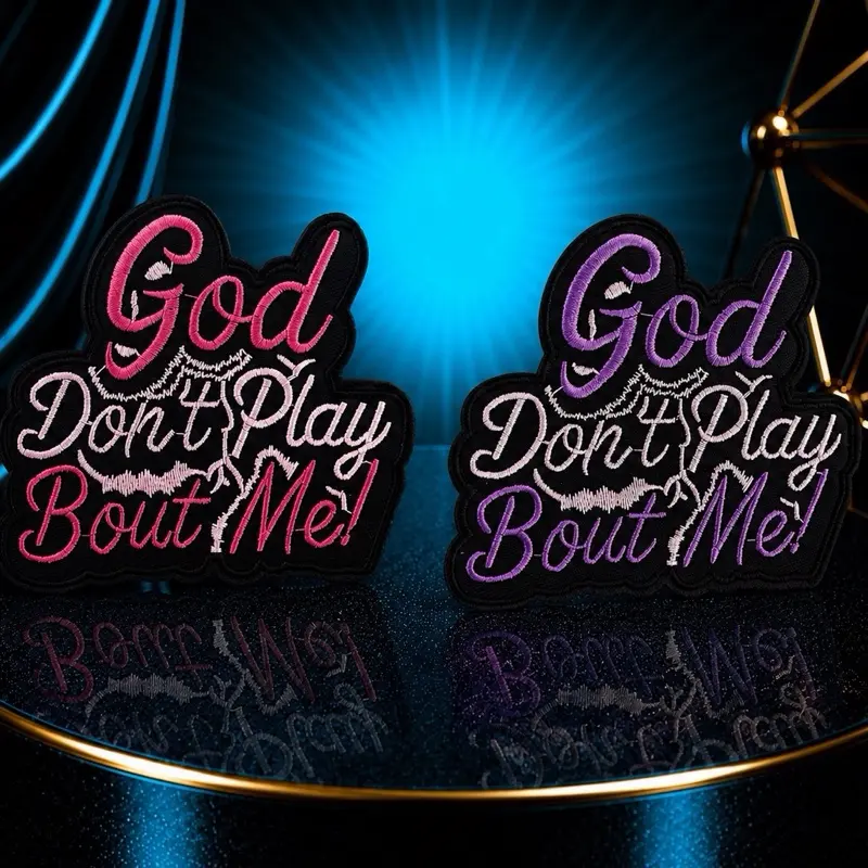 Wearables Iron-On Patch Set - 2-Piece Bold Lettering "God Don’t Play Bout Me", Easy Apply Embroidered Sewing Accessory for Clothing/Bags, Embroidered Backpack Embellishment, Fabric Patch