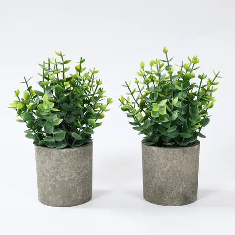 2-Pack Small Dwarf Farmstyle Synthetic Eucalyptus Artificial Potted Plants with Cute Planters - Pre-Arranged Low-Care Plant Decor for Desk, Toilet, Business Spaces, Home Decor Accents (Artificial Potted Trees Included)