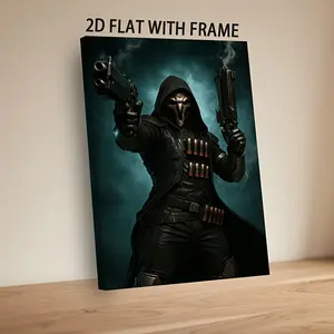 Dark Hooded Warrior Framed Canvas Wall Art, Gothic Action Character Canvas Wrap, Modern Fantasy Poster Decor for Bedroom Living Room Game Room