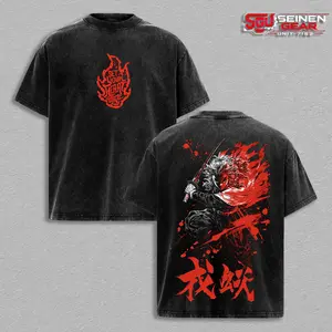 Rengoku Kyojuro Demon Slayer Vintage Washed Oversized T Shirt, Flame Hashira Anime Graphic Tee, Kimetsu No Yaiba Unisex Streetwear Heavy Cotton Gift for Anime Fans