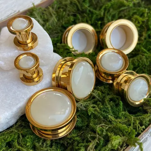 PAIR of Stunning Synthetic White Pearl Gold Screw Fit Tunnels/Plugs - Gauges 2g (6mm) thru 5/8" (16mm)