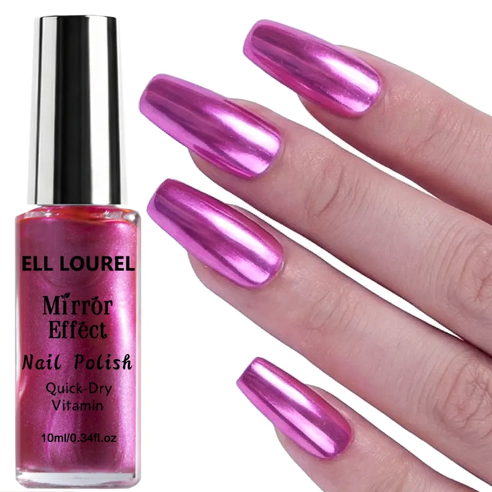 ELL LOUREL 10ml Fuchsia Metallic Mirror Effect Nail Polish, Quick-Dry, Vitamin-Infused, Long-Lasting, Smooth, Glossy, Lightweight Salon-Quality Nail Care Varnish for At-Home DIY Use, Daily, Coverage, Manicure, Nail Art