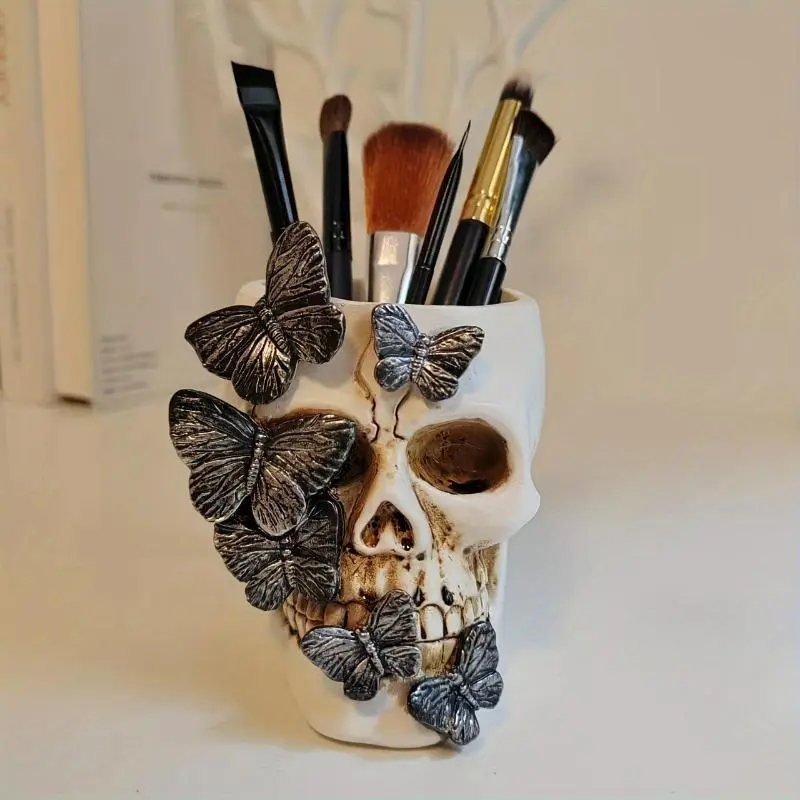 Creative Butterfly Skull Pen Holder - Resin Craft Desk Organizer, Desktop Accessories, Home Decor & Tabletop Ornament, Perfect Gift for Halloween & Valentine's Day, Ideal for Study Library Office Desk Accessories