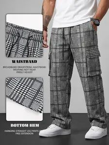Plus Size Men’s Plaid Straight Work Pants — Loose Wide-Leg Drawstring Casual Long Pants, American Vintage Check Pattern Floor-Length Pants