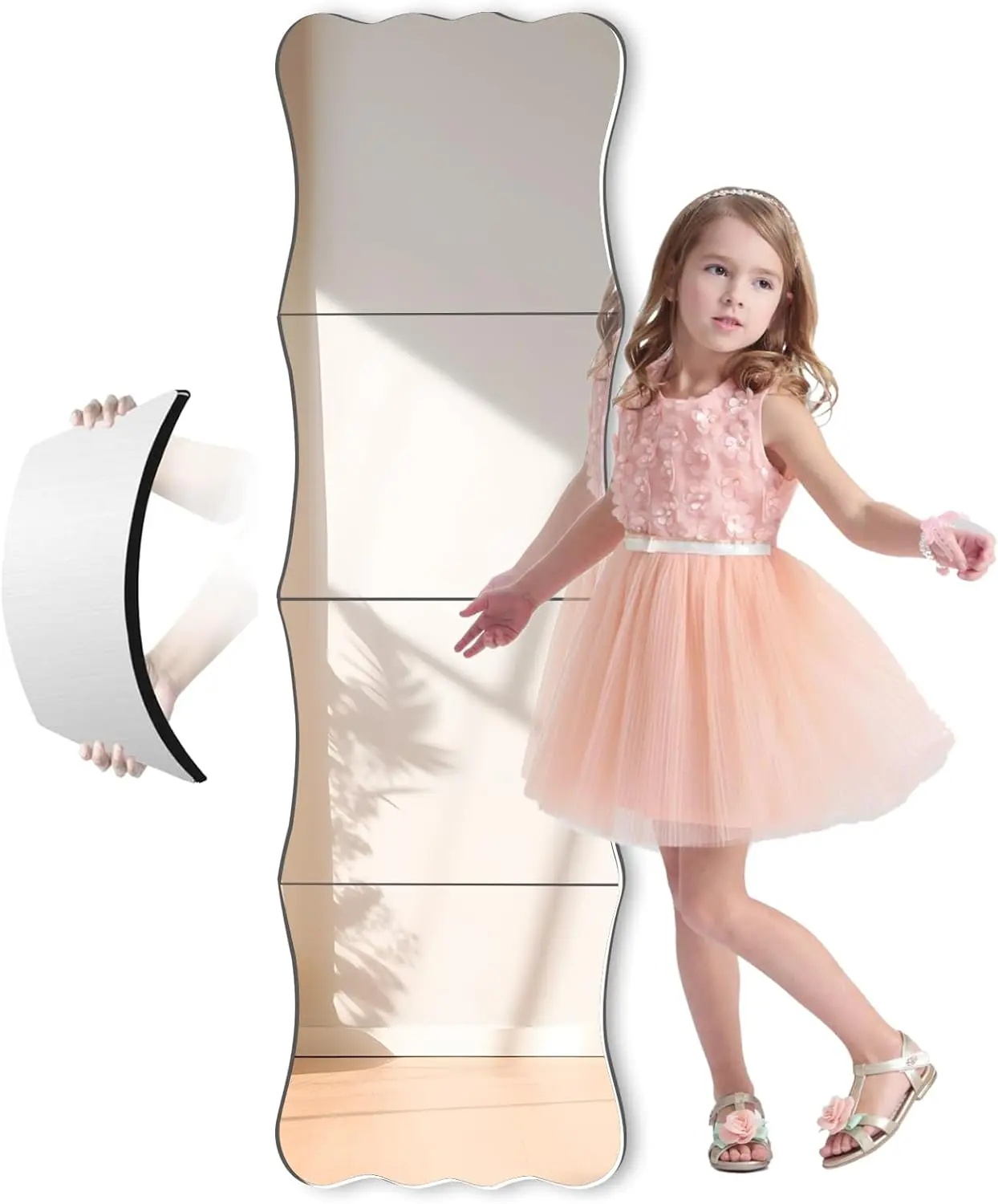 Wavy Full Length Shatterproof  Wall Mirror Tiles " x 14"(4 Pcs 12"x14"), Non-Glass Safety  Mirror for   Playroom, Frameless Dorm Door Gym