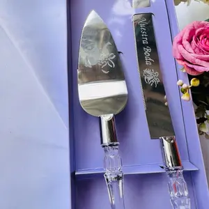 Cake Knife and Server Set, Cake Cutter and Pie Spatula, Cake Server and Knife Set of 2 with Crystal Handles, 1.2mm Thick Blades, Cutting Set, and Parties (Crystal Silver)