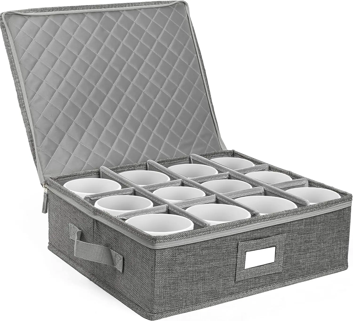 LotFancy Cup and Mug Storage Container, Hard Shell, China Coffee Mug Storage Box for Moving, with Dividers & Handles, Holds 12 Tea Cups, Grey