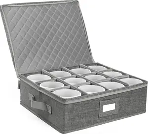 LotFancy Cup and Mug Storage Container, Hard Shell, China Coffee Mug Storage Box for Moving, with Dividers & Handles, Holds 12 Tea Cups, Grey