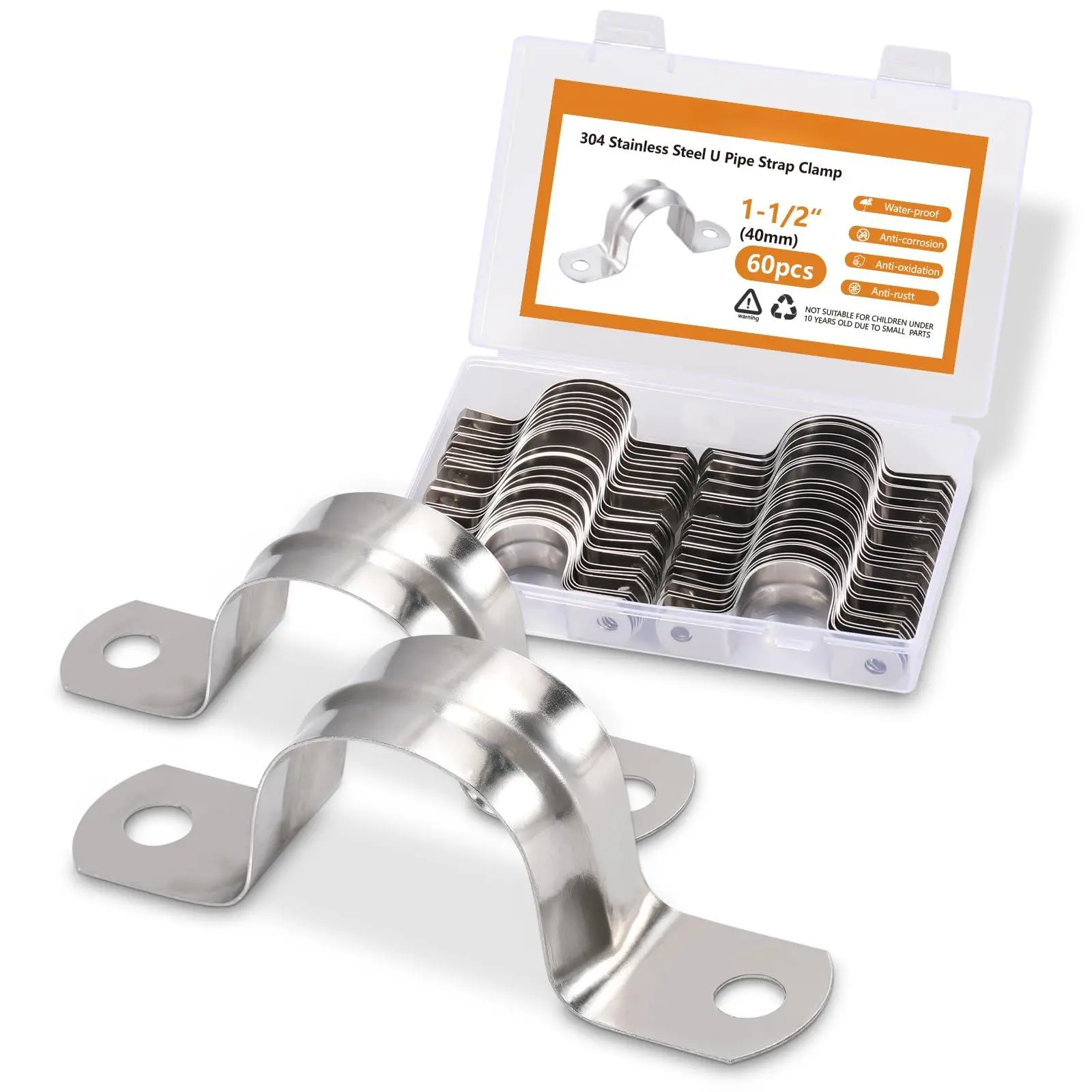 60 Pack M40 (1-1/2") Stainless Steel Pipe Straps - Heavy Duty U-bracket Clamps With 2 Holes For Rigid  Cable And Conduit Fastening (1.57" Width)
