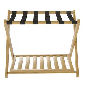 Luggage Rack Foldable Thickened Bamboo Suitcase Stand with Storage Shelf for Hotel Bedroom Guest Room