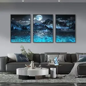 3pcs Lake Sailboat Night Still Life Canvas Art Prints, Moonlight Mountain Natural Landscape Posters, Unframed Wall Decor for Home Artistic Decoration