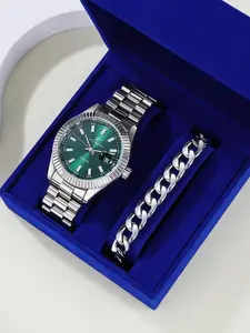 RICECGO Men's Business Fashion Watch & Bracelet Set, Fashion Round Dial Watch & Bracelet Set for Party, Daily Decor, Trendy All-match & Exquisite Watch Set for Birthday Gift, Quartz Watch