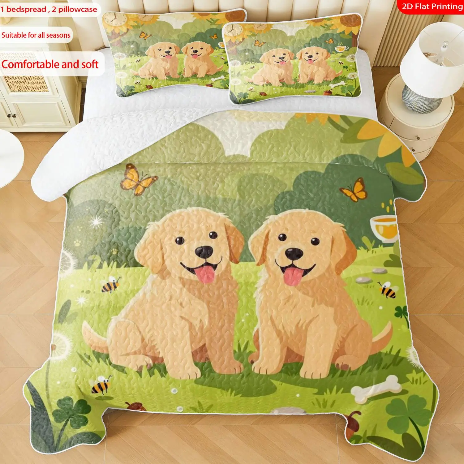 3 pcs, 2D Flat Print Cute Golden Retriever Puppies Sunflower Garden Bedspread Set, Soft and Comfortable, Multiple Sizes Available, Suitable for Gifting and Daily Use, Ideal for Creating a Cozy Home Atmosphere(1 bedspread , 2 pillowcases)