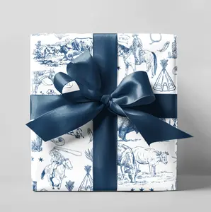 Blue Toile Western Wrapping Paper Roll