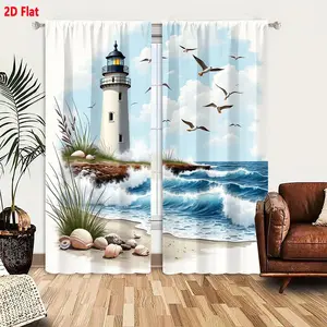 2D Flat Coastal Lighthouse Curtain 2-Piece Set, Beach Sand Seashells Ocean Waves Seagulls Design, Semi-Sheer/Blackout Curtains for Living Room Bedroom, Nature Scenery Home Decor, 2 Panels with Hooks