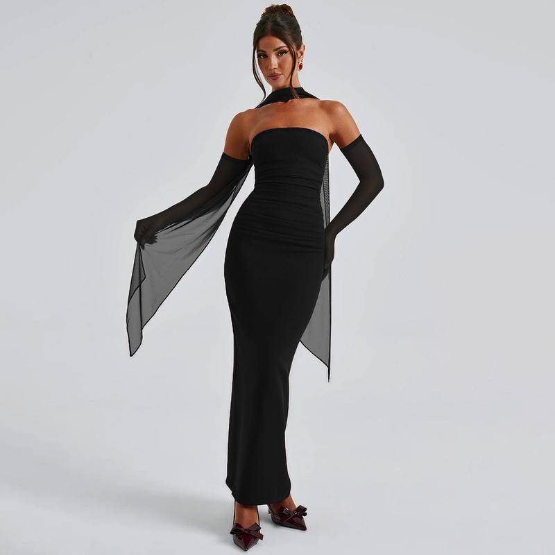 Strapless Mesh Neck Tie Long Sleeve Bodycon Maxi Dress for Women's Summer Sexy Evening Party Club Dating Gown Beach Vacation Dresses Outfits