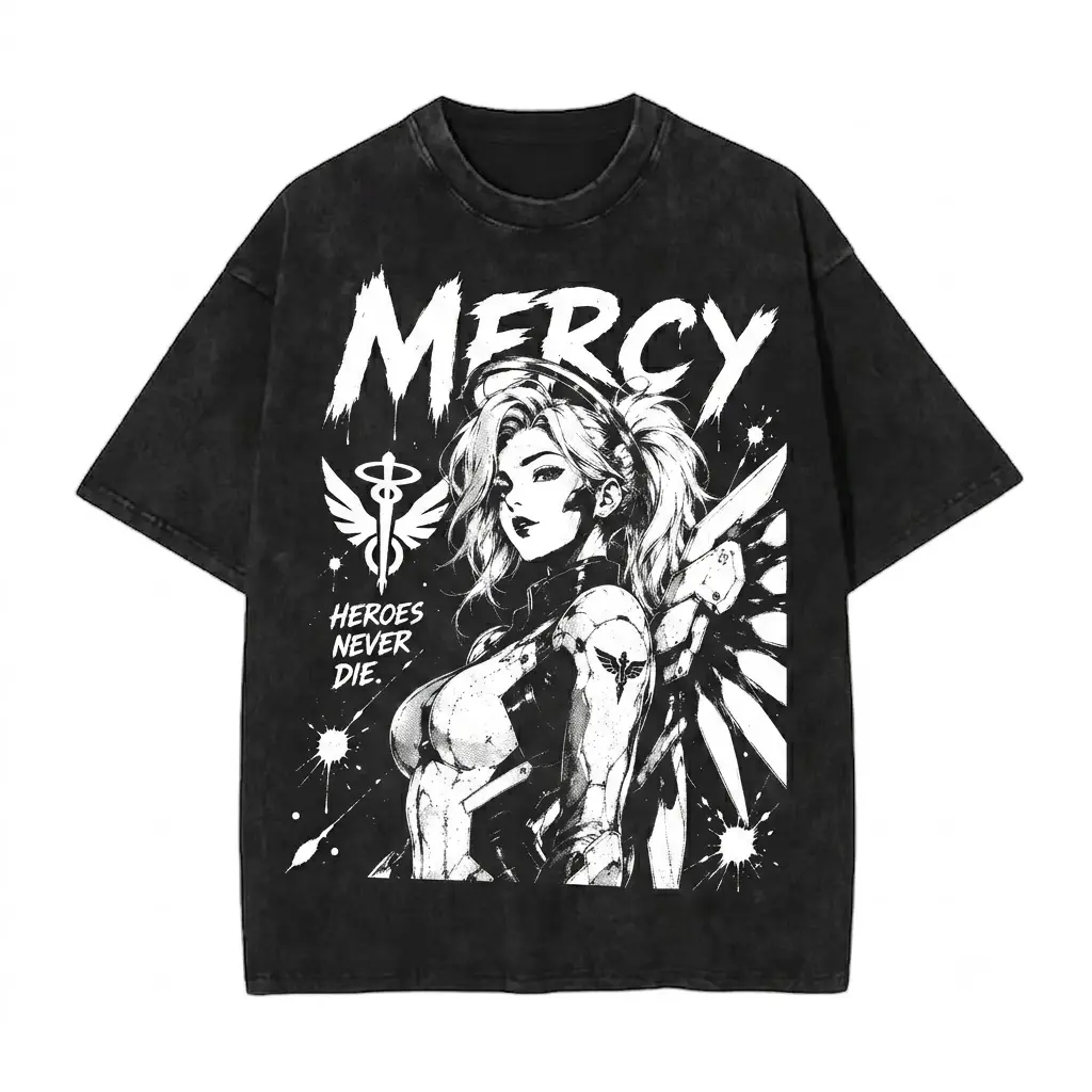 Retro Vintage Wash T-Shirt with 'Heroes Never Die' Gaming Graphic, Unisex Oversized Streetwear Fashion Top in 100% Cotton