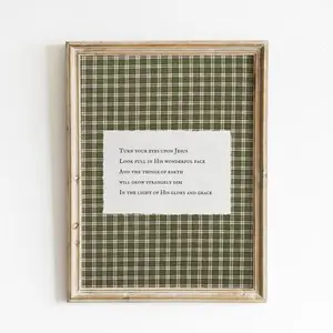 Vintage Green Gingham Christian Hymn Print Wall Art Turn Your Eyes Upon Jesus Striped Bible Verse Rustic Christian Home Decor