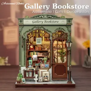 DIY Book Nook Kit Miniature Model, Wooden Dollhouse with LED Light Decorative Bookshelf, Home Decor for Gallery Bookstore Assemble, Halloween Festival Gift, LED Light Feature[Gallery Bookstore], Miniature Furniture
