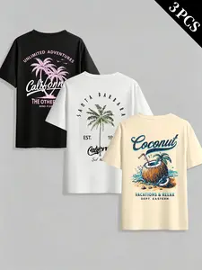 Unisex 3-Piece Summer Short Sleeve T-Shirt Set, Coconut Tree Graphic Print, Casual Fashion, Comfortable and Breathable, Ideal for Daily Wear