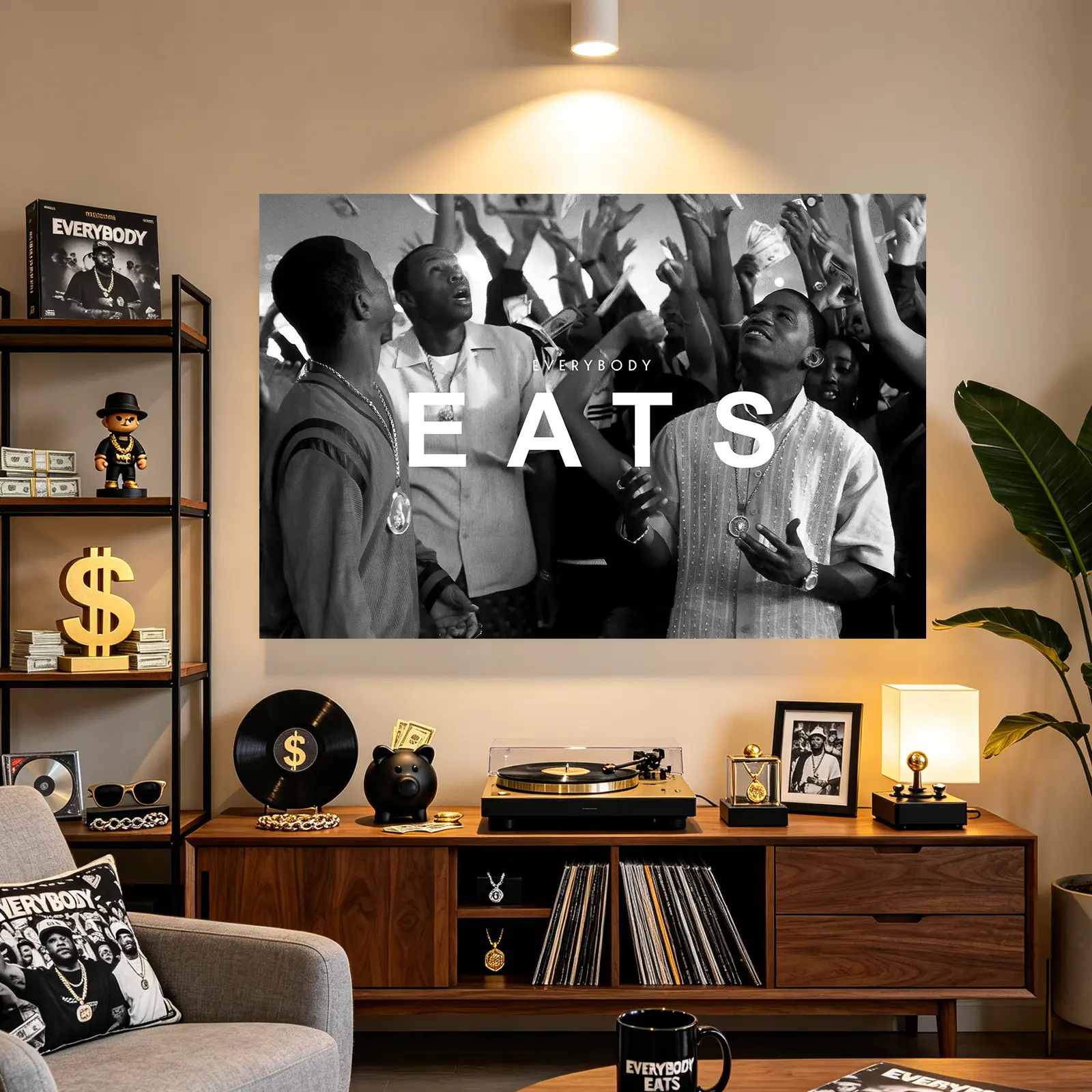 Everybody Eats Black White Canvas Poster, Hip Hop Money Celebration Wall Art, Vintage Rap Culture Motivational Print, Street Wealth Decor for Man Cave Bedroom Gift for Hip Hop Fans